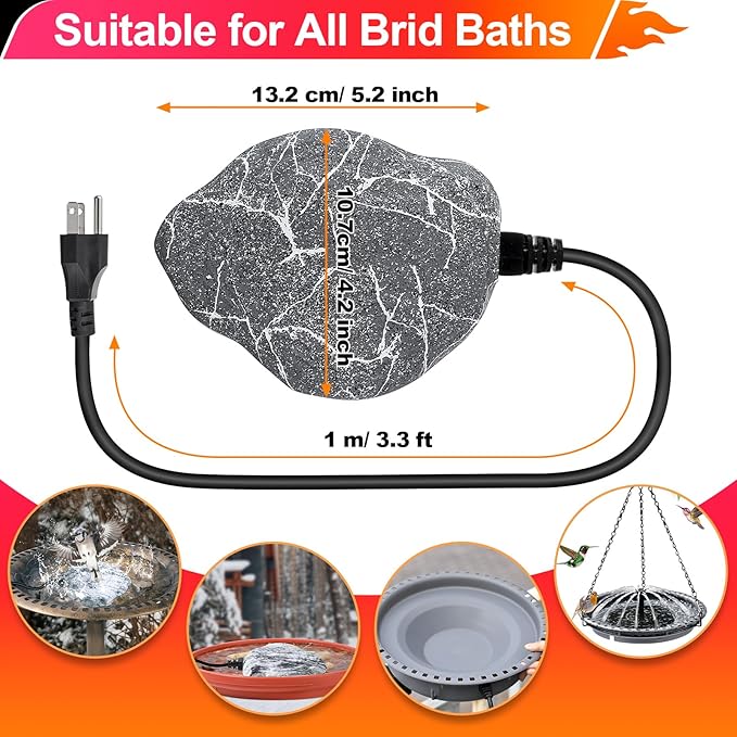 Saillong Bird Bath Deicer Heated Rock, 80W Submersible Utility Decorative De Icer, Thermostatic Controlled Winter Water Heater with Aluminum Base for Outdoor Bird, Chicken, Duck(1 Pack,Gray)