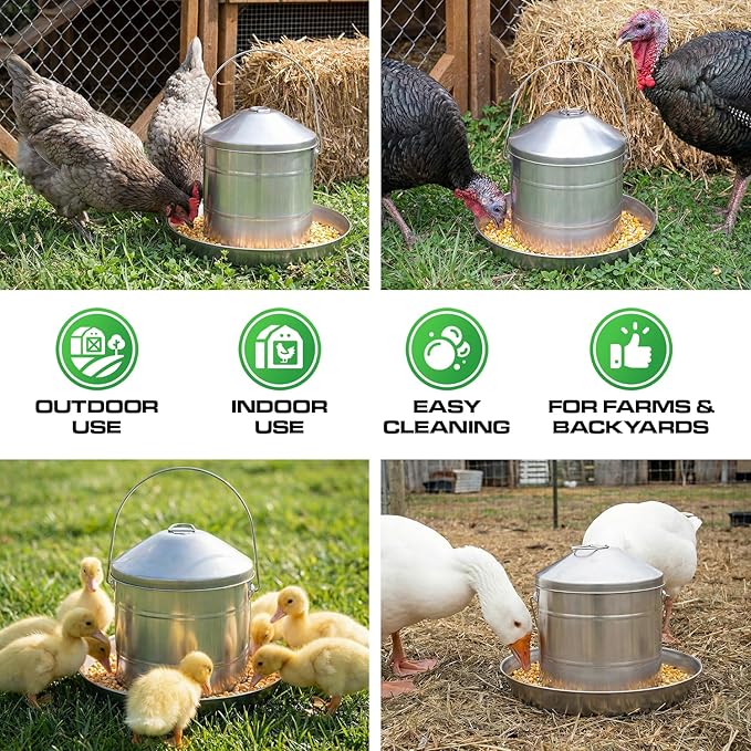 Plexon 17.6 Lb Stainless Steel Hanging Chicken Feeder no Waste Food-Grade Large - Turkey Duck Poultry Feeder for Chicken Metal - Heavy Duty Reliable Long-Lasting with Handle