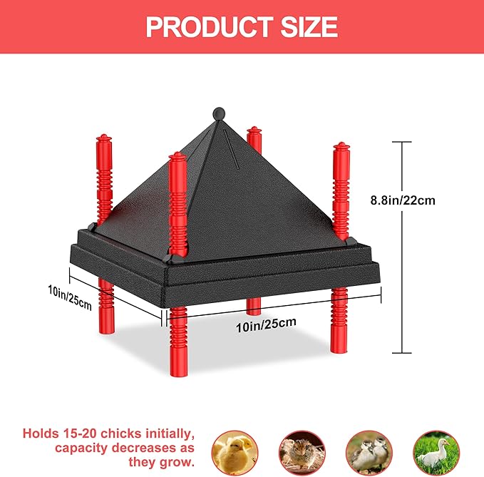Chick Brooder Heating Plate with Anti Stand Cone, Adjustable Height Brooder Heater for Chicks, Downward Heat Distribution for Outdoor Barns & Coops (10" x 10" with Temp. Adjustments & Black)