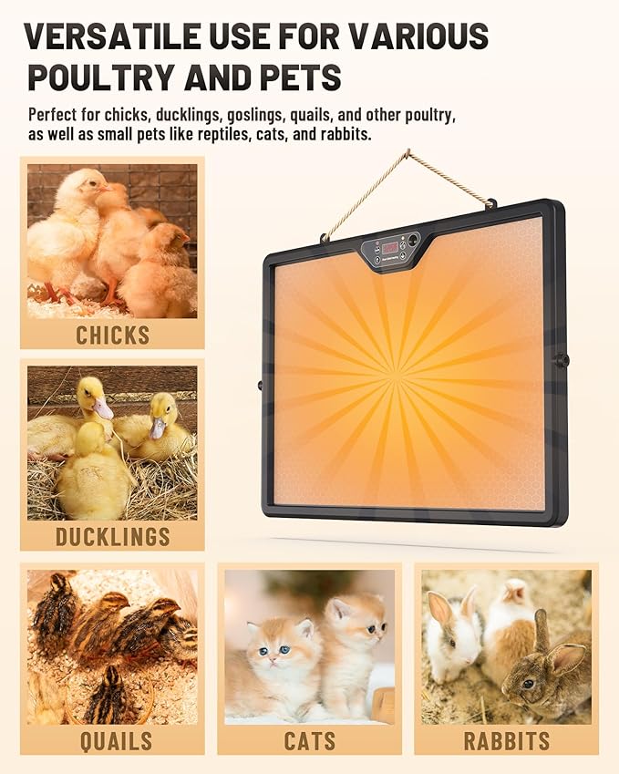 Dual-Sided Chicken Coop Heater for Winter, 180W Adjustable Temperature with Digital Display Panel, 360° Adjustable Angle, Timer & Cycle Mode, Built-in Light, 16 x 12 Inch Heat Plate for Chicken Coop