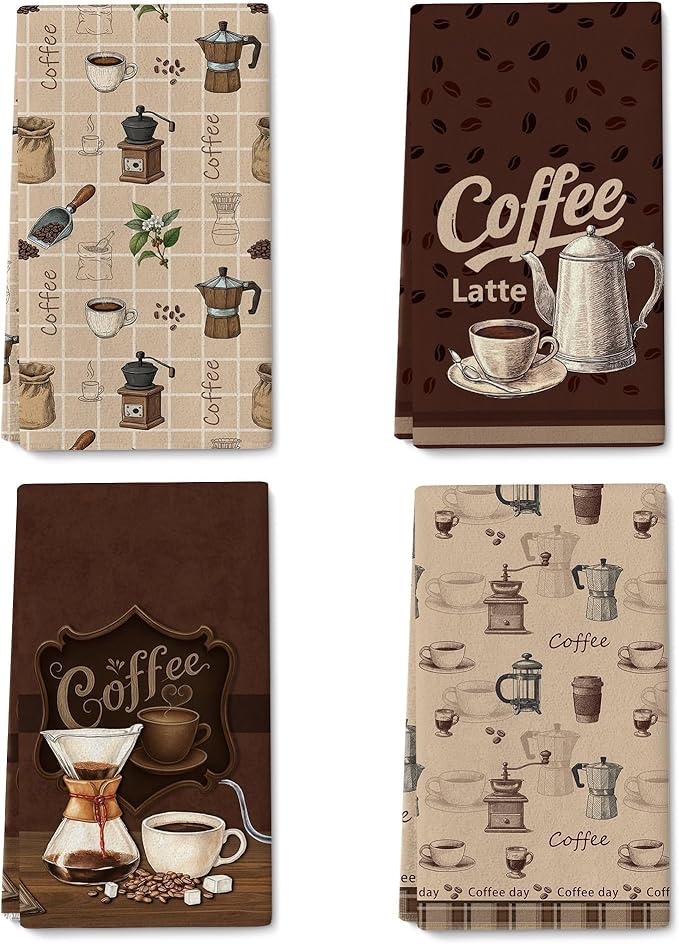Vintage Coffee Kitchen Towels Decorative Set of 4, Brown Dish Towels Soft Absorbent Cute Tea Towel Hand Towel for Coffee Bar Drying Cleaning Kitchen Decor