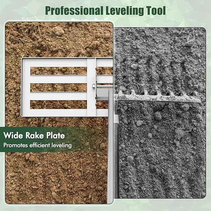 Happygrill Lawn Leveling Rake, Heavy Duty Lawn Level Tool for Soil w/67” Handle, Dirt Ground Leveler, Effort-Saving Landscape Rake for Garden, Backyard, Golf Course, Farm, Pasture (30" x 10", Silver)