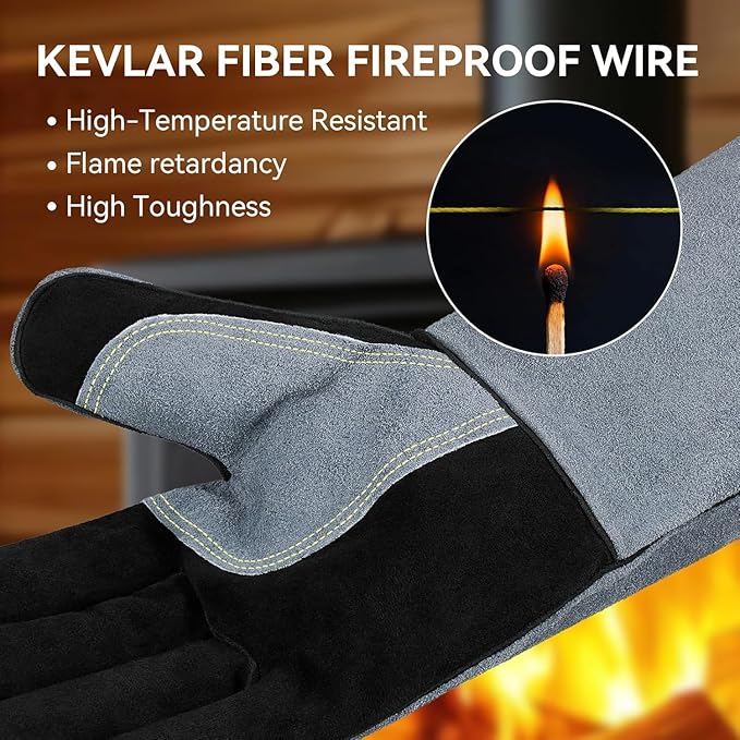 932℉ Grill BBQ Gloves 16-inch Heat Resistant Leather Forge Welding Glove with Flame Retardant Long Sleeve and Insulated Lining for Men and Women Black-Gray