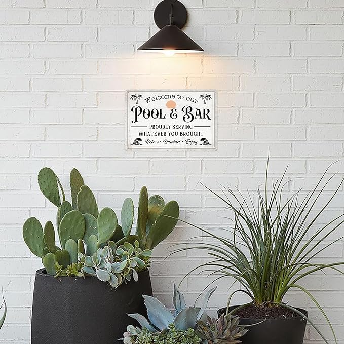 Welcome to Our Pool and Bar Metal Tin Sign Pool Accessories Decor Outdoor Vintage Metal Tin Signs Farmhouse Part Patio Porch Home Wall Decorations 8x12 Inch