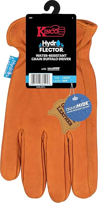 Kinco 381P-XL, Hydroflector Grain Buffalo Leather Work Gloves - Water-resistant Full Grain Buffalo Full Fingers with Easy-On Cuff - Puncture Resistant - Equipment Operation, Indoor & Outdoor - XL