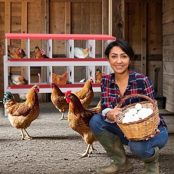 Chicken Nesting Box, Red 10 Hole Egg Laying Box with Bracket, Suitable for Chickens & Ducks, Large Holes for Ventilation, Convenient for Picking up Eggs, Fully Galvanized