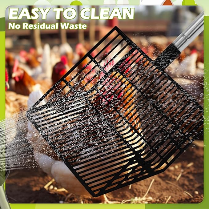 EXPAWLORER Large Chicken Poop Scooper, Adjustable Pet Coop Rake with Stainless Steel Long Handle, Heavy Duty Litter Sifting Sand Sifter Shovel Cleaning Tool Cat Chicken Coop Accessories (22"-68")