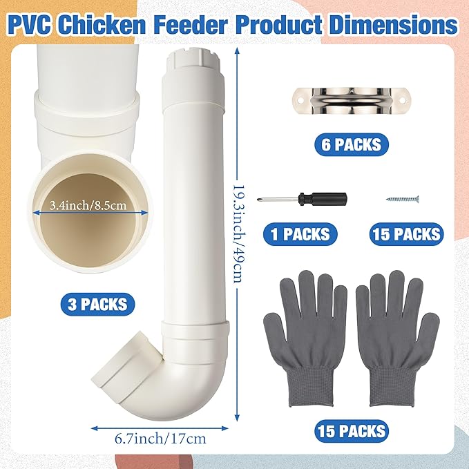 HOMAR 3PC Automatic Chicken Feeder - No Waste, 6lb Large Capacity Heavy Duty Rat Proof PVC Pipe Hanging Gravity Feeder for Chicken Coop Poultry Long Feeding