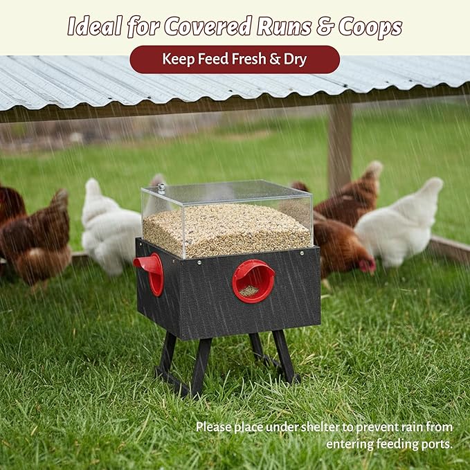 KOL No-Waste Chicken Feeder, 17LB Poultry Feeder with 4 Anti-Spill Ports, Clear-View HIPS & Acrylic Design, Foldable Stand for Hens and Chicks – Automatic Gravity-Flow Feeder