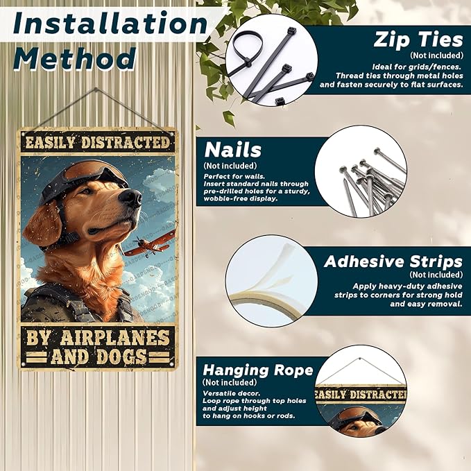 Vintage Pilot Metal Sign Easily Distracted By Airplanes And Dog Metal Poster Home Kitchen Garden Garage Coffee Bathroom Man Cave Aluminium Sign Art Wall Decor Plaque 12x8 Inch