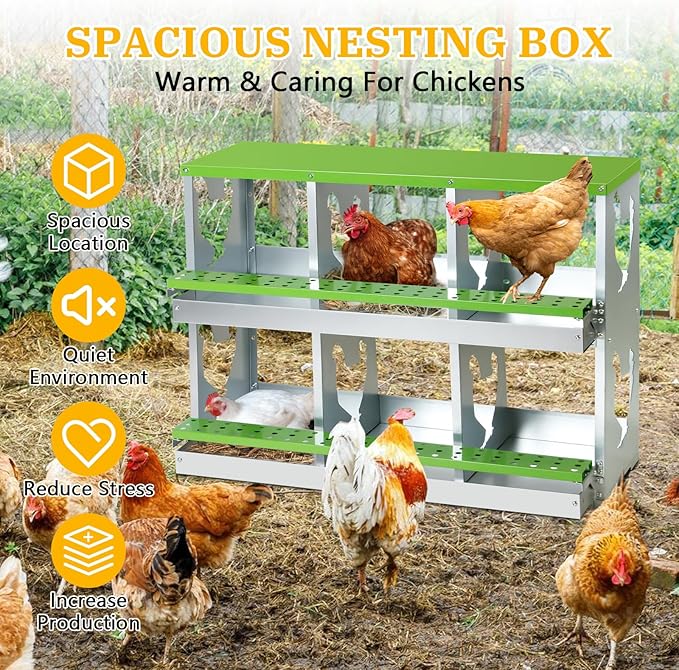 Chicken Nesting Box for Laying Eggs,Wall-Mountable Chicken Coop Nesting Boxes,6 Hole Roll Away Nesting Boxes,with Large Vented Holes,for Chickens,Ducks,Large Egg Laying Boxes (Green 6 Hole)