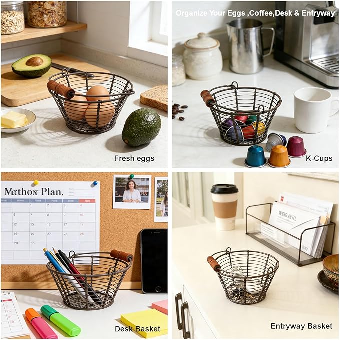 Mini Wire Egg Basket for Gathering Fresh Eggs with Lay-Flat Handle, Small Easter Hunts and Chicken Egg Collecting Basket 2 Pack, Farmhouse Rustic Kitchen Countertop Storage
