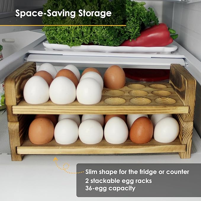 Expandable Stackable Wooden Egg Holder Countertop for 18 Eggs, Rustic Kitchen Decoration, Compact Egg Rack for Counter - Chicken Decor Design - Gui's Chicken Coop (Top Rack)