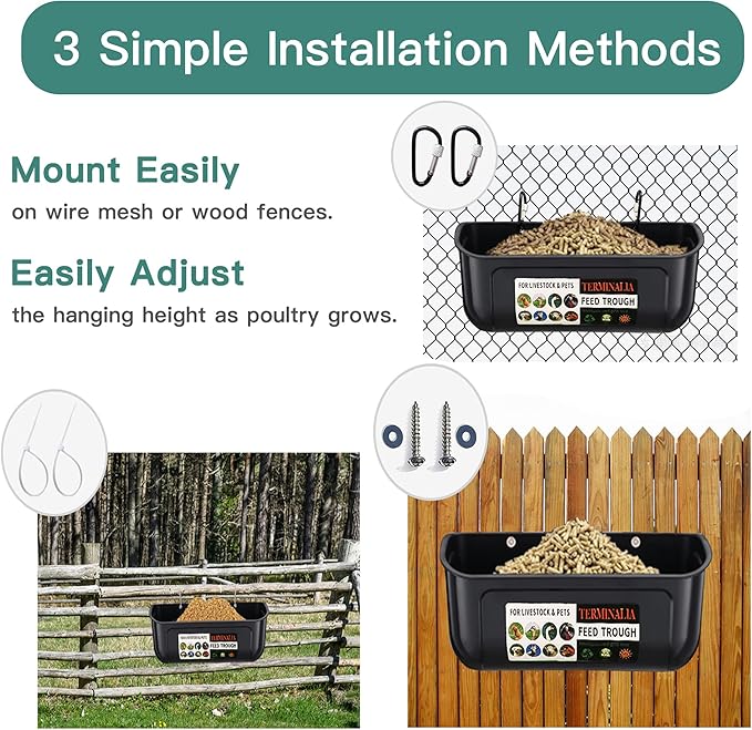 3 Pack Duck Chicken Poultry Hanging Fence Feeder | 8 Quarts in Total | Black｜A Free Feed Scoop Included
