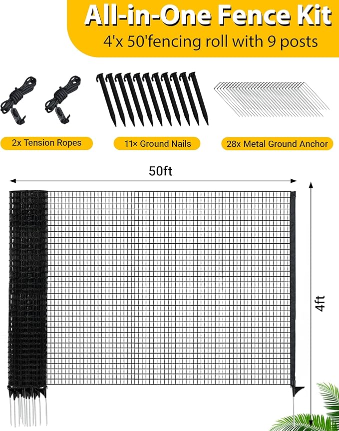 Temporary Fence with Posts, 4'x50' Plastic Fencing Garden Fence Animals Barrier with Fiberglass Stake Windbreak Rope, Portable Snow Fences, Fencing for Dogs Outdoors Backyard (Black)