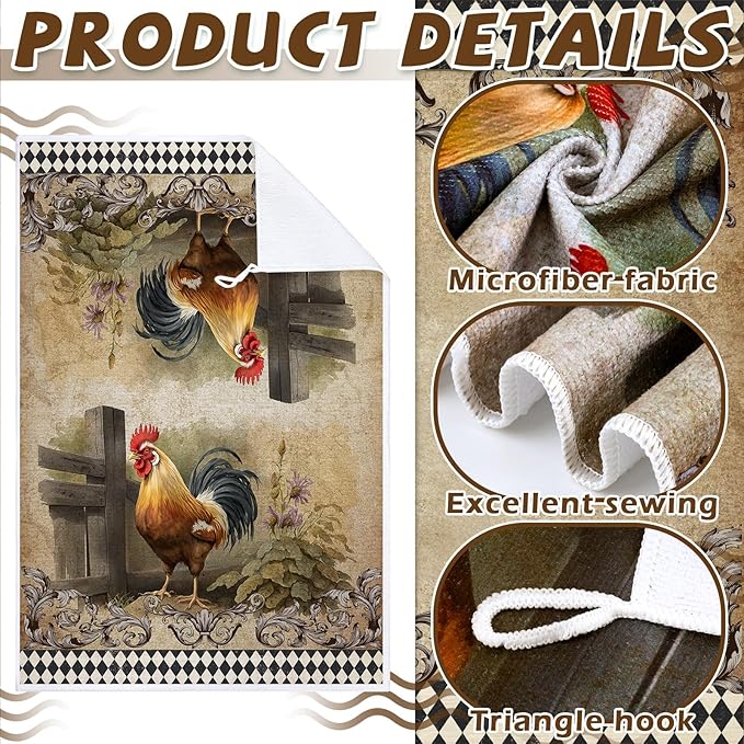 Geyoga 4 Pcs Chicken Kitchen Towels Rooster Dish Hand Towels Farm Animal Cow Vintage Rustic Tea Cloth for Spring Easter Bathroom Farmhouse Decor Gifts, 16 x 24 Inch(Delicate Color,Rooster)