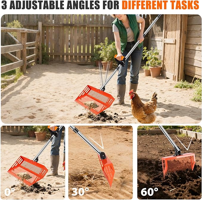 15/10'' Chicken Poop Scooper & Rake,4 IN 1 Chicken Coop Scoop with 2 Large Metal Shovel Heads,Chicken Coop Scooper for Sand,Chicken Scoop with Long Handle,Sifting Shovel for Chicken Coops(37 to 65in)