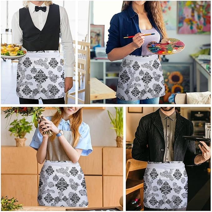 Unisex Chef Waiter Apron Waist Half Short Serving Aprons with 3 Pockets