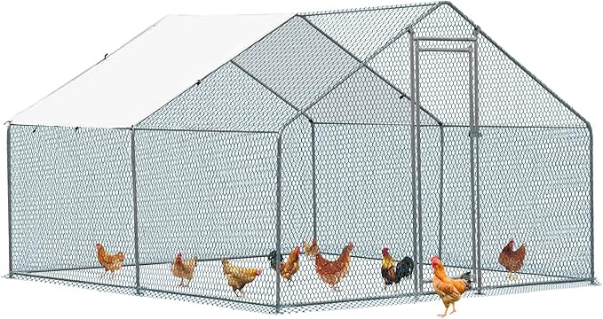 Outvita Chicken Coop, 10×10 FT Large Metal Chicken House, Poultry Habitat Cage with Waterproof Cover, Walk-in Chicken Run Pen for Small Animals, Yard, Farm, Patio