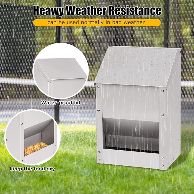 Automatic Chicken Feeder 10lb Metal Chicken Feeders with Lid No Waste Duck Feeder Hanging Chicken Feeder Trough with Scoop for Chickens Ducks Goose Poultry (Small Size)