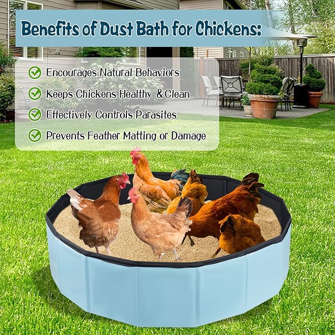 Chicken Dust Bath Tub (32 * 8 inch), Foldable Dust Bath for Chickens, Portable Design & Extra-Tough PVC, Chicken Coop Lime, Chicken House Cleaner Container, Essential Chicken Coop Accessory for Farms