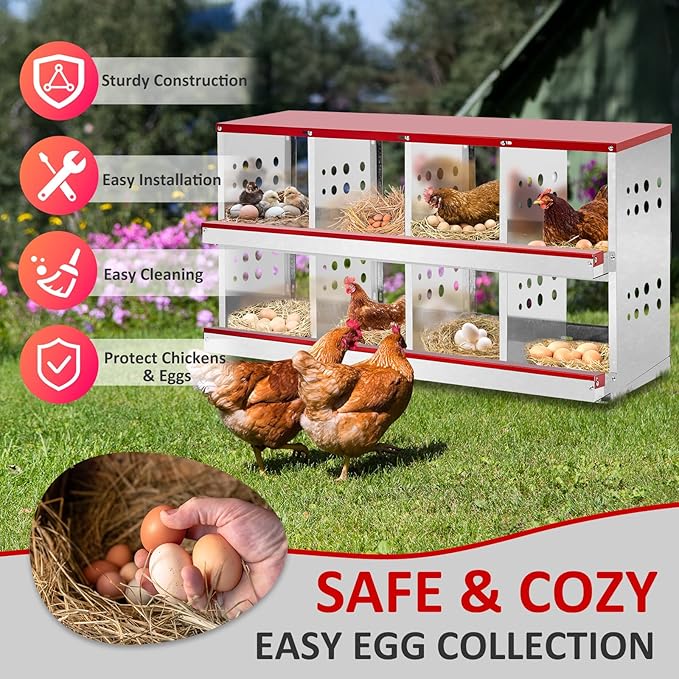 Outvita Chicken Nesting Box, 8 Compartment Metal Nesting Box, 8 Room Wall Mountable Nesting Boxes for Hen, Red