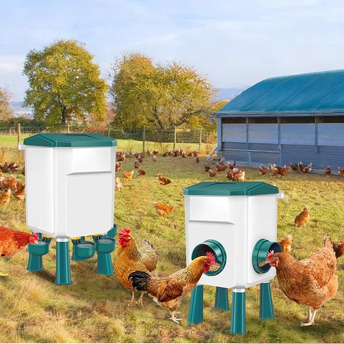 Chicken Feeder and Waterer Set with 2 Gallon/17.6 Pounds, Automatic Chick Feeder and Waterer Set No Waste， Poultry Feeder Large for Hens/Ducks/Poultry