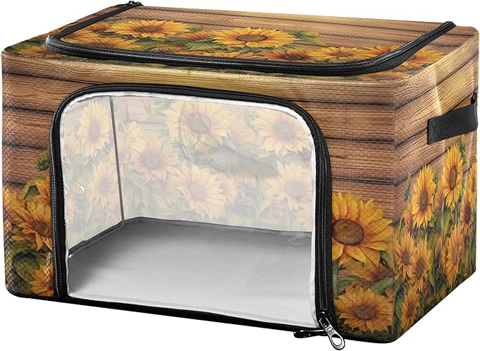 xigua Wood Grain Sunflower Clothes Storage Bins with Hold Shape Metal Frame, 2 Opening Ways Foldable Clothes Organizer Box with Clear Window & Handles for Seasonal Clothing