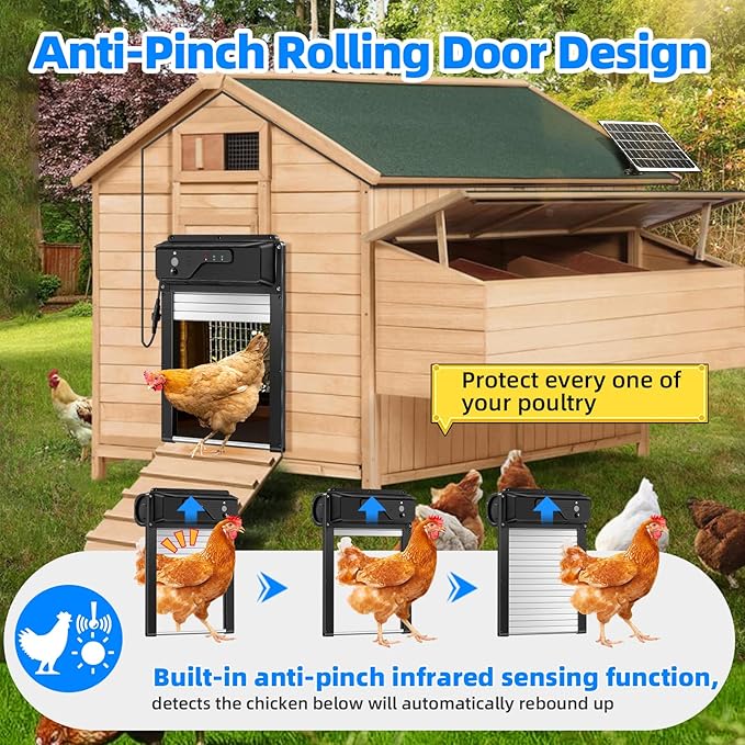Sararoom Automatic Chicken Coop Door Solar Powered with HD Camera, 5000mAh Chicken Coop Door with Remote Control, WiFi Enabled, APP-Based Monitoring, Timer, Anti-Trap Sensor and Alarm Drive