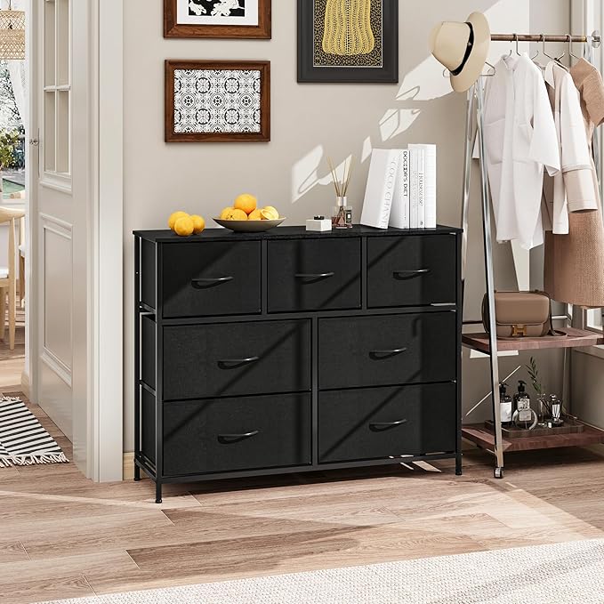 WelFurGeer 7-Drawer Fabric Dresser with Metal Frame, Dressers & Chests of Drawers, White Chest of Drawers for Bedroom, Hallway, Entryway, Closets, Kids Room Organization, Black