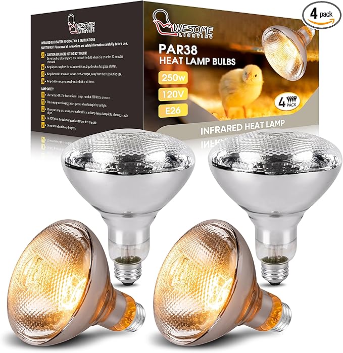4 Pack 250 Watts Heat Lamp Bulbs for Chickens,PAR38 Clear Glass Brooder Heat Lamp, Infrared Reflector Heat Bulbs for Pets, Bathroom, Food Service