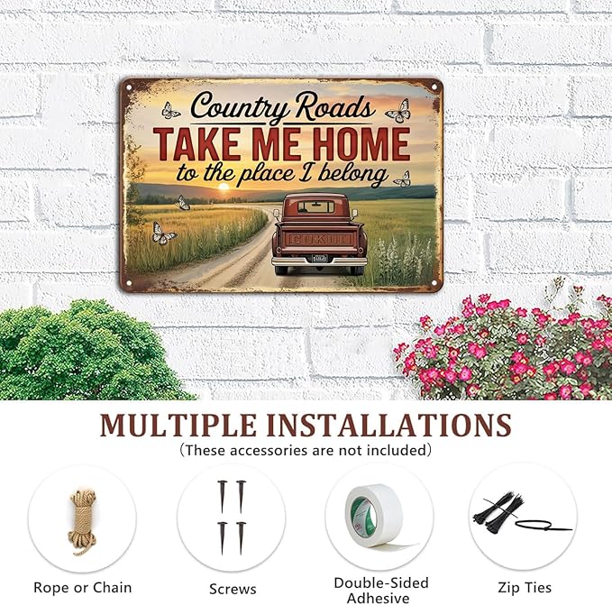 Country Roads Truck Country Farmhouse tin sign Vintage Take Me Home Metal Sign for Garden & Yard Bar Porch Garage Home Bedroom Kitchen Decor Gift 8 x 12， easy to hang