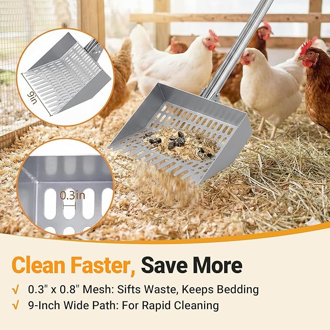 Chicken Poop Scooper Spring Steel Sifting Shovel with 3 Adjustable Angle, 38-66in Extendable Stainless Steel Handle, Professional Poultry Litter Cleaner for Chicken Coop, Duck, Goat & Sand