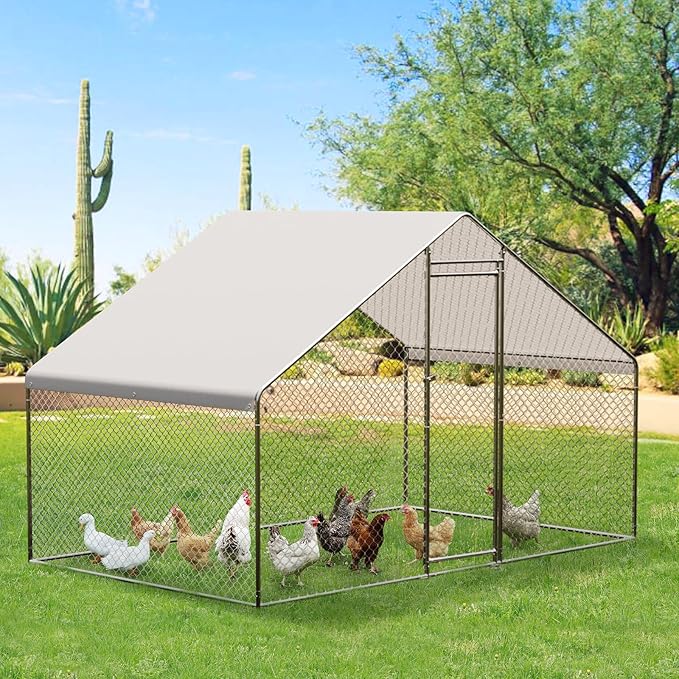 Large Metal Chicken Coop with Waterproof Cover, 10 x6.5 x 6.5 Ft Walk-in Chicken Runs for Yard, Galvanized Wire Poultry Chickens Hen Pen Cage for Backyard Farm