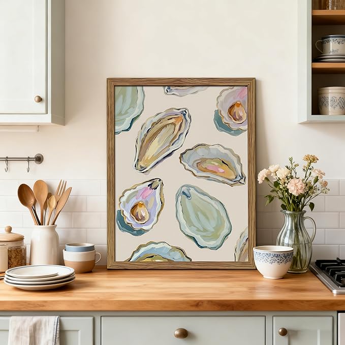 Framed Oyster Shell Canvas Wall Art, Colorful Abstract Wall Art Print, Coastal Beach House Wall Decor, Summer Dining Room Picture Poster, Modern Kitchen Oyster Oil Painting Artwork 8x10 inch