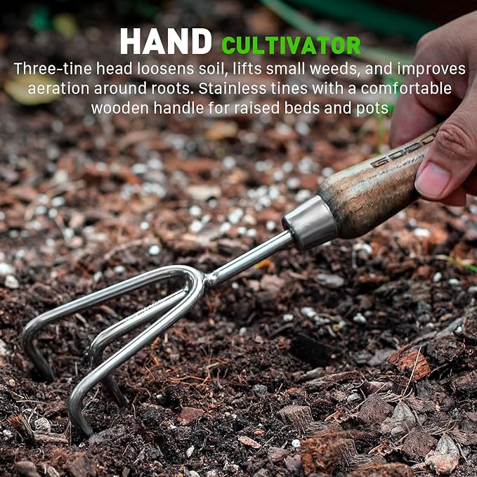 GOODSMANN Garden Tools Set, 3 Piece Stainless Steel Gardening Kit, Hand Trowel, Marker Measurements Transplanter and Cultivator Garden Hand Shovel for Digging Weeding Planting Turning Soil