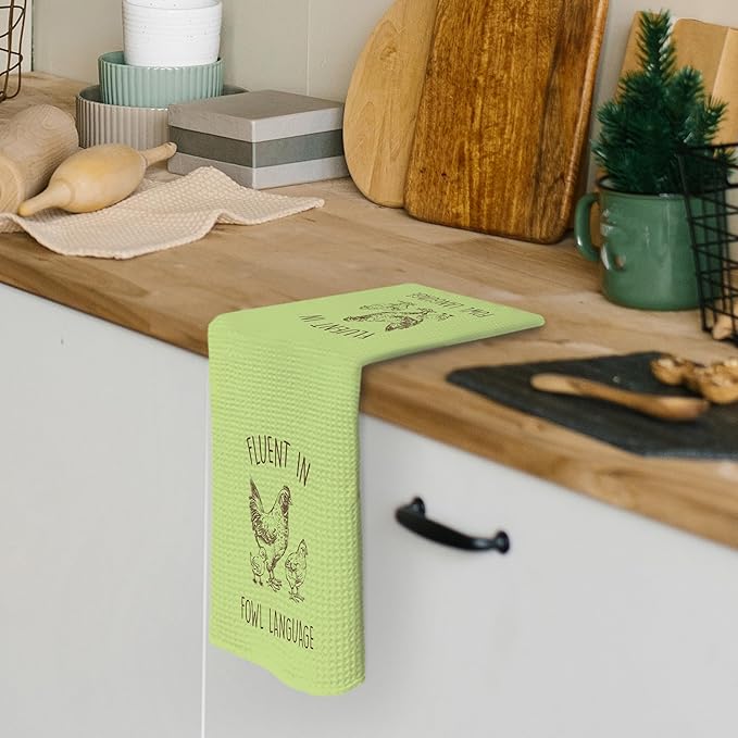 Funny Chicken Green Kitchen Dish Towels 16x24 Inch, Crazy Chicken Gifts for Chicken Mom, Fluent in Fowl Language Decorative Hand Towels Tea Towels for Farmhouse Home