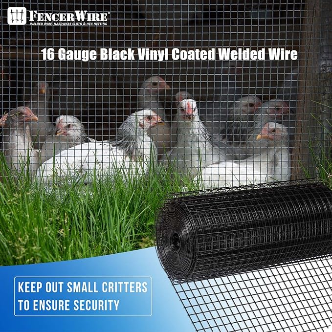 Fencer Wire 16 Gauge Black Vinyl Coated Welded Wire Mesh Size 1 inch by 1 inch for Home and Garden Fence and Pet Enclosures Protect Chickens Rabbits and Farmed Animals (c) 3 ft. x 50 ft.