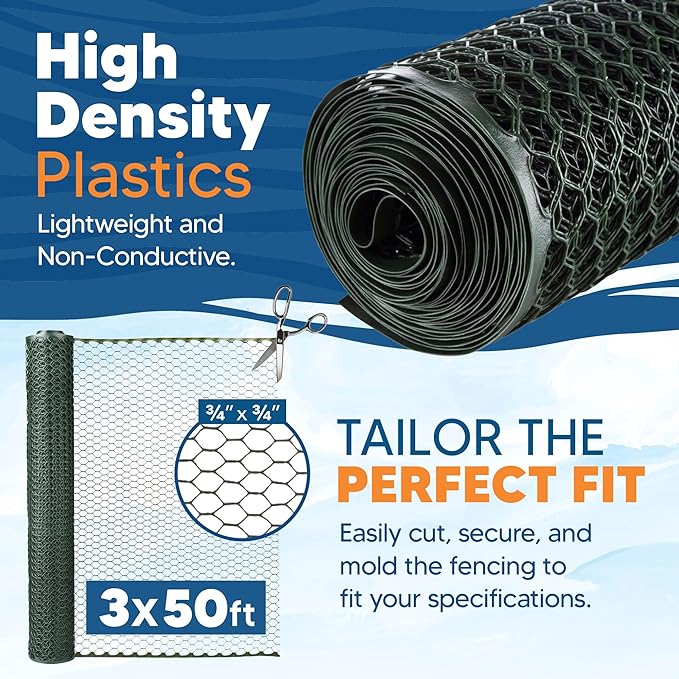 Plastic Hex Chicken Wire Mesh Garden Fence Roll (3' x 50' - Green) - Versatile Poultry Netting and Garden Fence for Temporary or Semi-Permanent Enclosures, Deer Fencing, and Construction Barriers