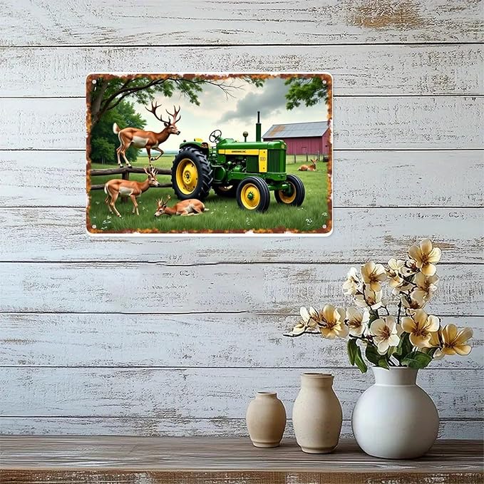Deer And Tractor Vintage Farm And Wildlife Metal Sign Print Aesthetic for Garden Yard Bar Porch Home Bedroom Kitchen Wall Decor Gift 8 X 12 in
