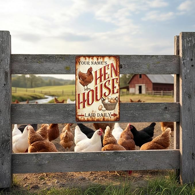 Custom Name Hen House Tin Sign, Personalized Vintage Style Chicken Coop Sign Decor, Rustic Farmhouse Metal Plaque, Ideal Farmhouse Decor for Coops & Home