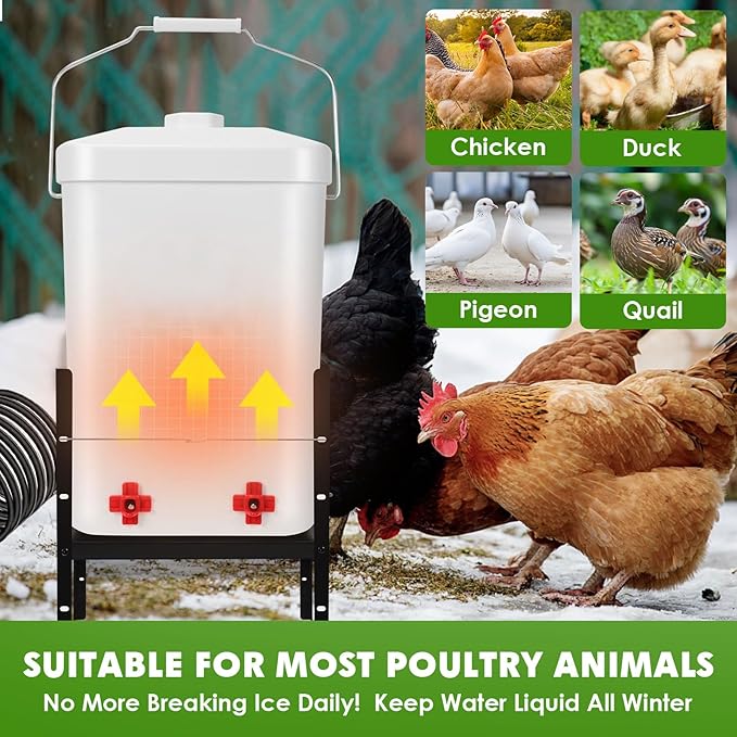 Chicken Water Heater 3.8 Gallon with 4 Nipples and Adjustable Height, 2-in-1 Freeze-Proof Heated Chickens Waterer Anti-Tipping for Turkey Ducks Geese Poultry in Winter Coops