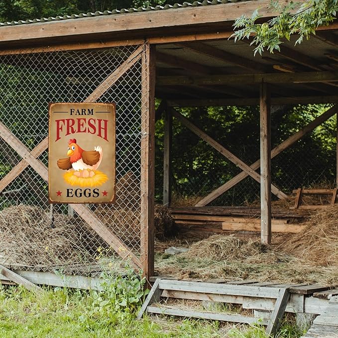 Funny Chicken Sign, Metal Chicken Coop Tin Signs, Farm Fresh Eggs Smile Chicken, Yard Sign Garage Farm Garden Wall Decor Sign Plaque Outdoor for Home Fence 8 X 12 Inches
