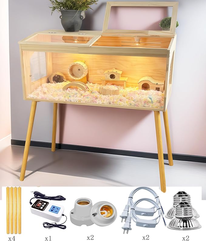 Brooder Box for Chicks Pine Wood Chicken brooder Box with Thermostat & Heating Lamp & 4Wood Legs，Solid Panels Chick brooder for Chicks, Ducklings, Hamsters, Guinea Pigs - Chew-Proof (40x21x21 in)