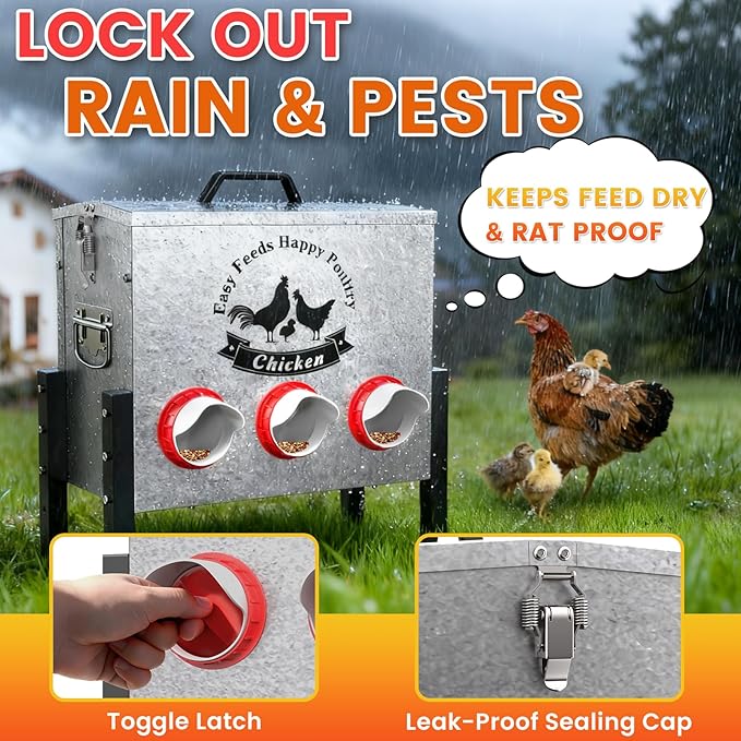 7gal Large Automatic Chicken Feeder - 6 Port No Waste Poultry Feeder, Rust-Proof Alloy Steel with Locking Lid & Adjustable Legs for Chickens, Ducks, Geese, Poultry