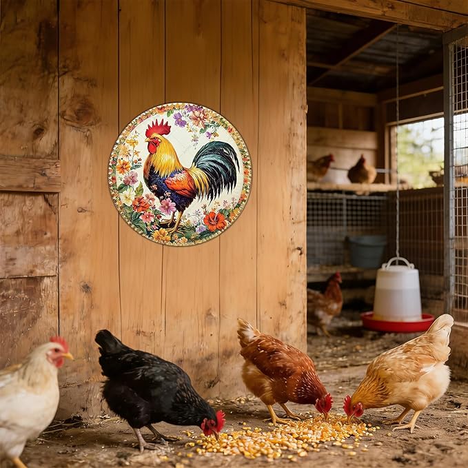 Rustic Chicken Coop Hen Round Metal Tin Sign Vintage Farmhouse Kitchen Wall Decor for Home Garden Outdoor Wall Art Retro Plaque 12 Inch