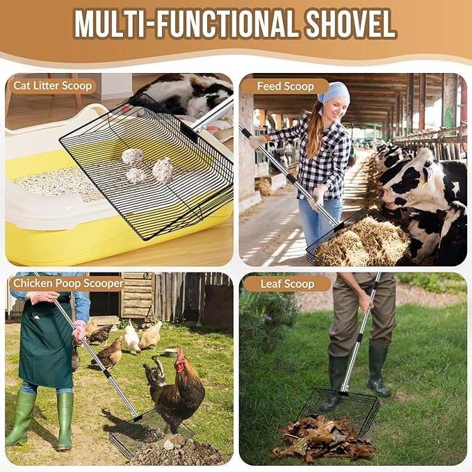 SlowTon Chicken Poop Scooper 15" Wide - Stainless Steel Chicken Coop Scoop Heavy Duty with 40 to 77" Long Handle for No Bending Work, Chicken Coop Litter Cleaning Tool Sand Sifting Shovel