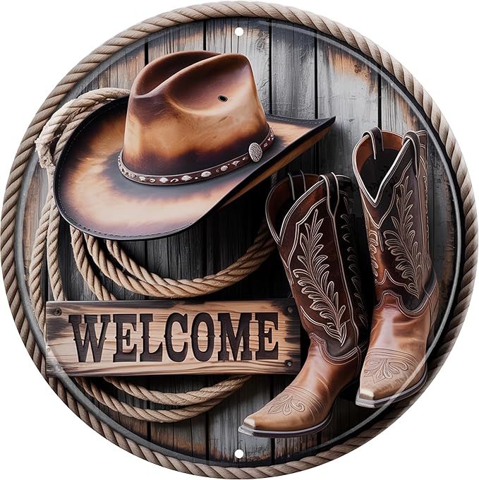 CSWLJS Man Cave Room Decor Cowboy Welcome Metal Tin Sign 8x8 In Durable Indoor/Outdoor Gift Vintage Wall Art Decor