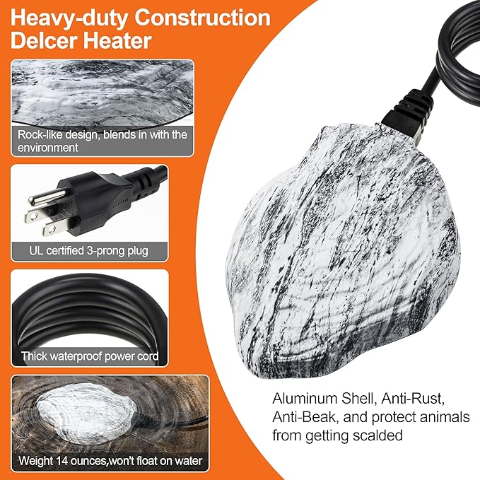 Saillong Bird Bath Deicer Heated Rock, 80W Submersible Utility Decorative De Icer, Thermostatic Controlled Winter Water Heater with Aluminum Base for Outdoor Bird, Chicken, Duck(1 Pack,White)