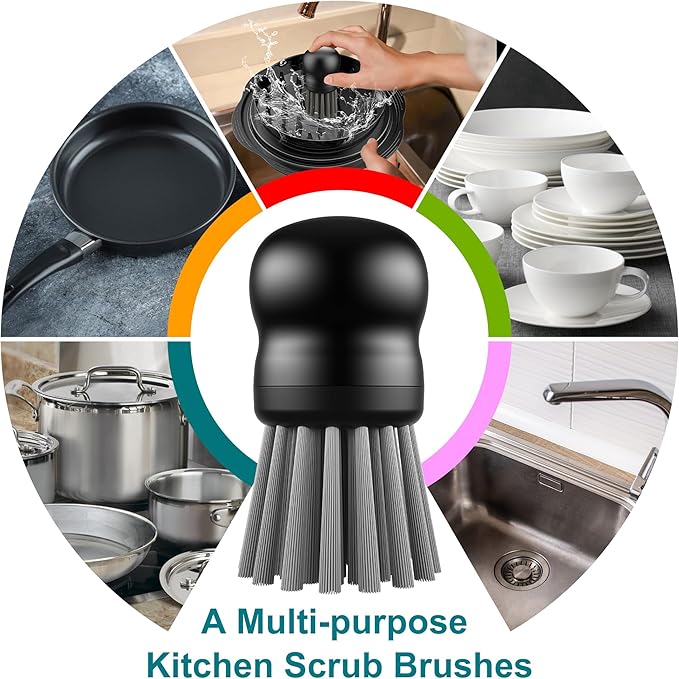 Mini Dish Brush for Cleaning Chicken Shredder, Palm Brush Dish Scrubber with Ergonomic Grip, Kitchen Brush for Washing Dishes, Pans, Pots, Sink (4, Black)